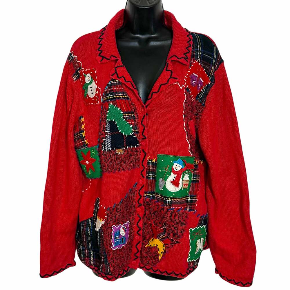 Vtg 90s Designers Originals Studio Joy Christmas Cardigan Sweater Patchwork 1X